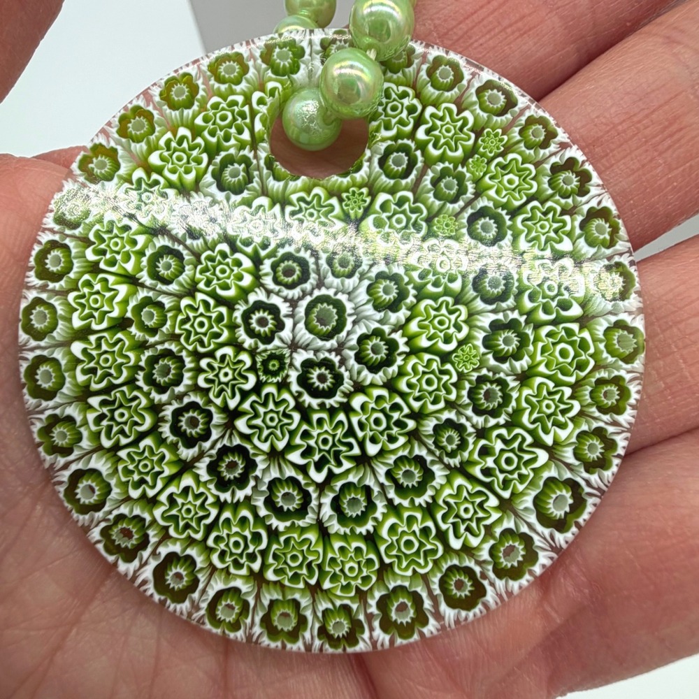 Vintage Round Green Millefiori Glass Pendant Necklace 2.25" Round Faux Pearls
